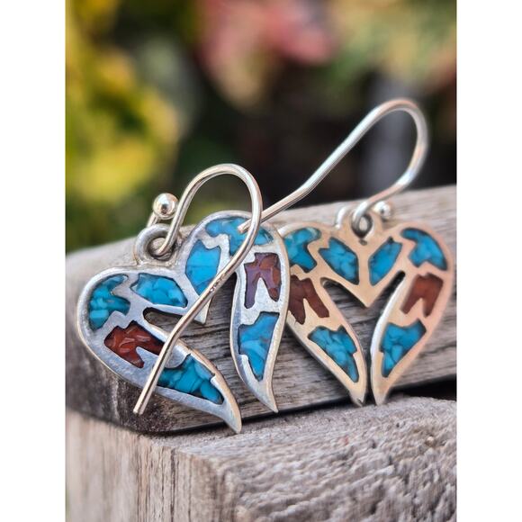 Vintage Sterling Silver Turquoise & Red Coral Inlay Heart Shaped Dangle Earrings - Picture 5 of 6